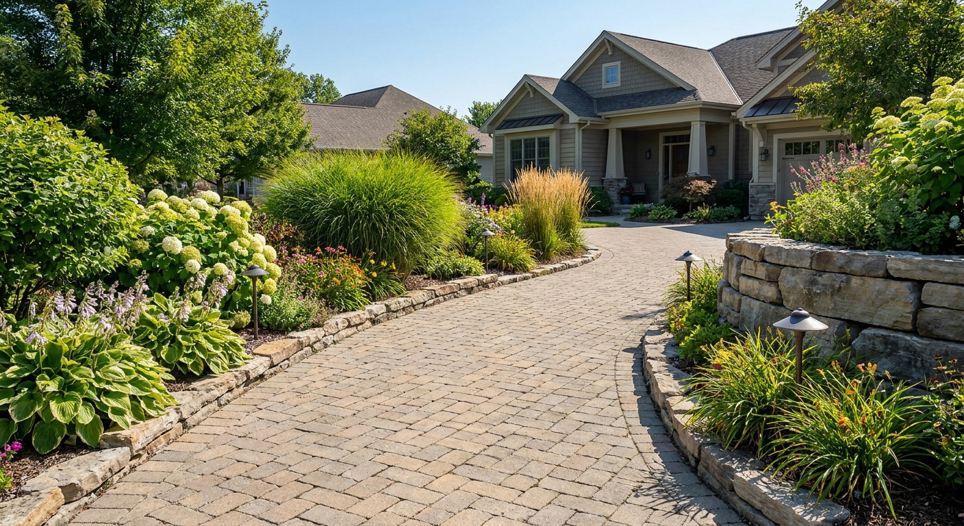 Driveway with lush planted borders and stone edging