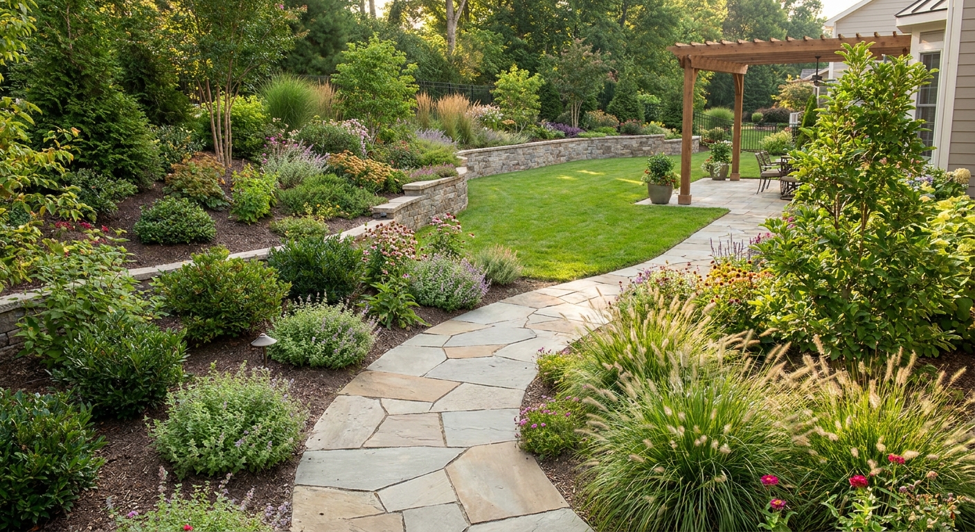 Complete landscape installation with layered plantings