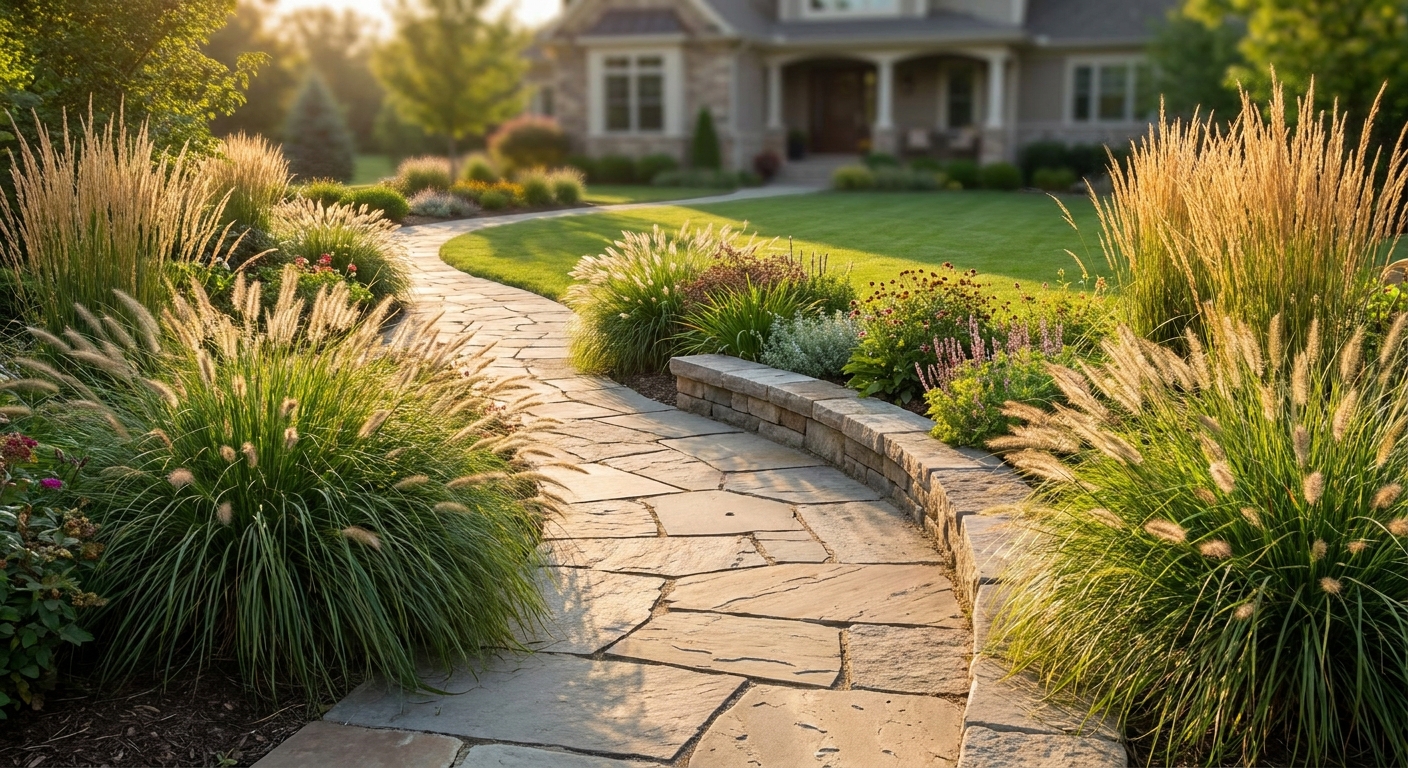 Stone walkway with ornamental grass borders